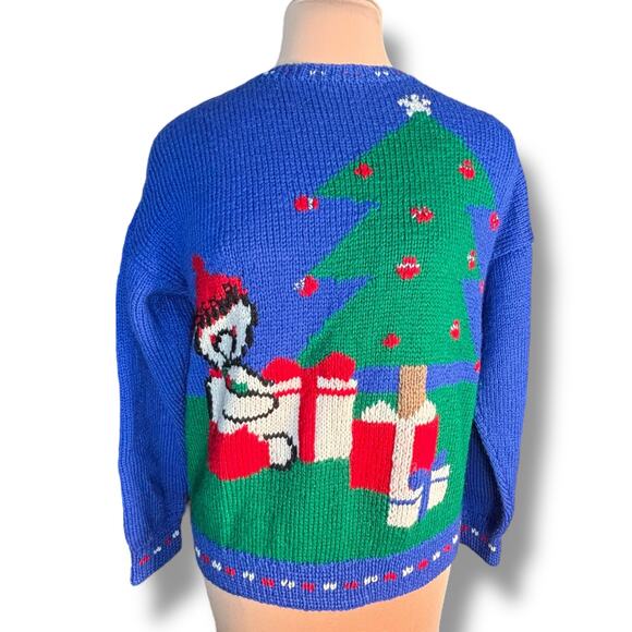 Vintage 90s Allen Solly Wool Christmas Sweater Tree Gifts Santa Hat Blue Large - Picture 2 of 15